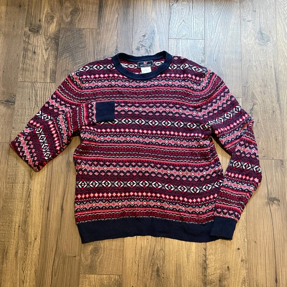 Vineyard Vines Mens Fair Isle Cashmere Lambswool Blend Sweater Navy Red M